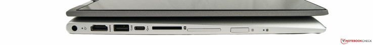 Lado derecho: Alimentación, salida HDMI, USB-A, USB-C, ranura SD, volumen basculante, escáner de huellas dactilares