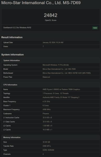 Puntuación en Geekbench del AMD Ryzen 5 8600G (imagen vía Geekbench)