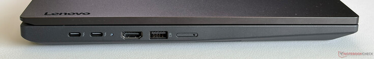 Izquierda: 2x USB-C 4.0 con Thunderbolt 4 (40 Gbps, DisplayPort 1.4a, Power Delivery), HDMI 2.1, USB-A 3.2 Gen. 1 (5 Gbps, Always-On), Nano-SIM