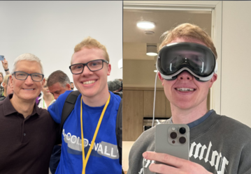 Apple el influencer Sam Kohl aparece notablemente pixelado y con la cara larga en esta toma con su Vision Pro. (Imagen: @iupdate)