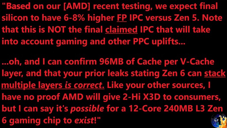 Filtración del IPC del AMD Zen 6. (Fuente de la imagen: Moore's Law Is Dead en YouTube)