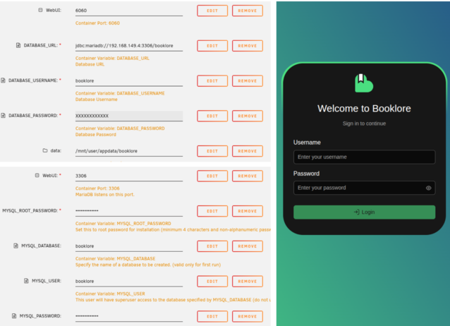 Arriba a la izquierda: Configuración de Unraid para Booklore. Abajo a la izquierda: Configuración Unraid para MariaDB. Derecha: La página de inicio de sesión de Booklore (ImageSource: Notebookcheck)