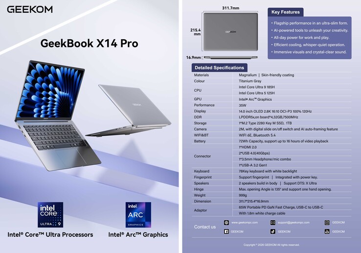 Ficha técnica del Geekom GeekBook X14 Pro (Fuente de la imagen: Geekom)