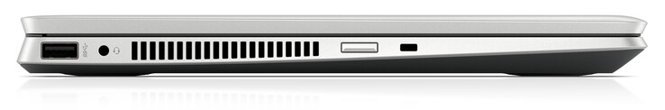 Lado izquierdo: USB 3.2 Gen 1 (Tipo A), conector combinado de audio, botón de encendido, conector para bloqueo de cable