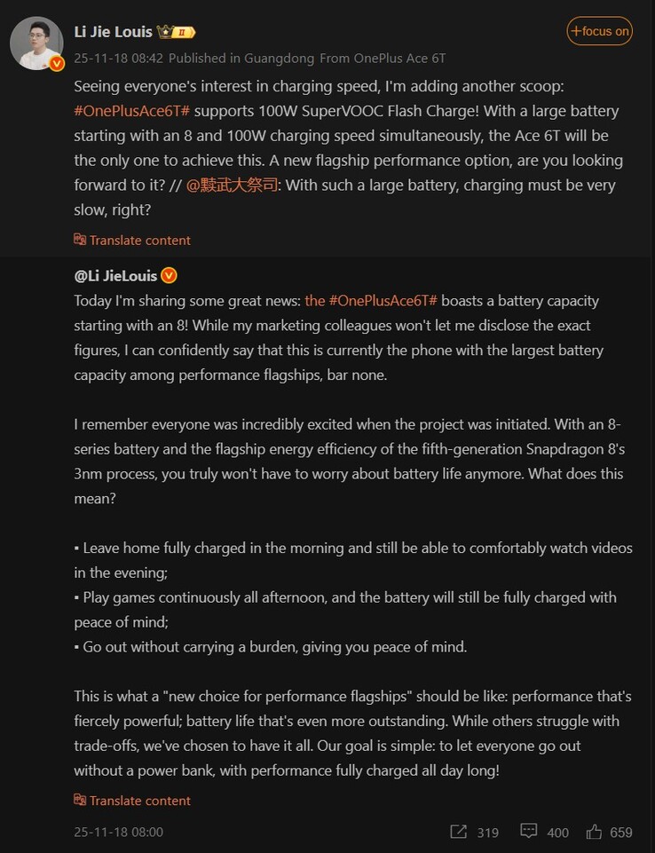 Li Jie Louis habla sobre la batería y la velocidad de carga del OnePlus Ace 6T (Fuente de la imagen: Weibo - machine translated)