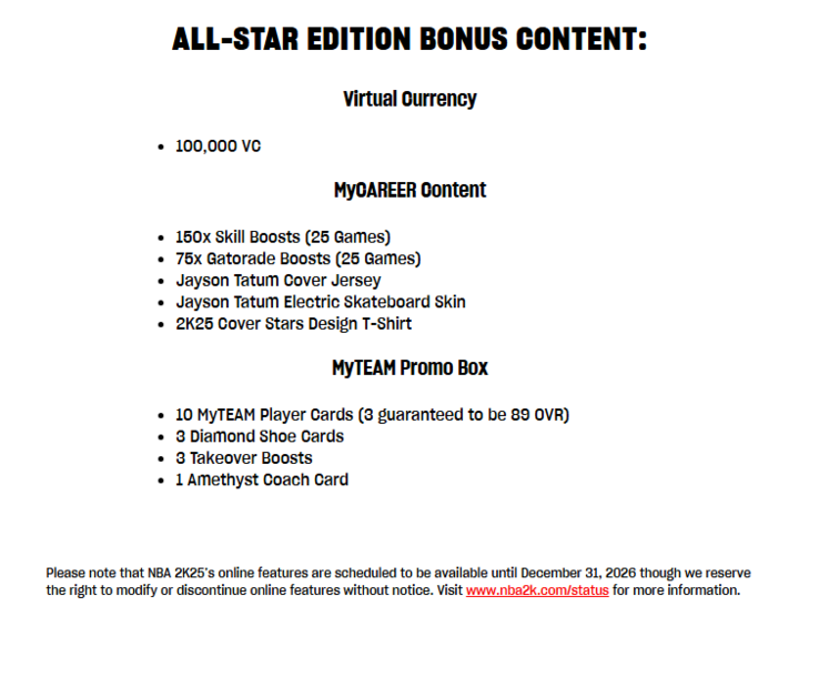 Una captura de pantalla de la tienda oficial de NBA 2K. Un aviso en la parte inferior indica que EA se reserva el derecho de modificar o interrumpir las funciones en línea sin previo aviso.