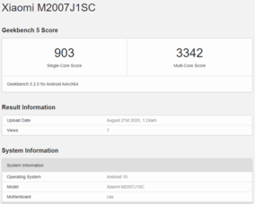 El Mi 10 Ultra tiene una placa base "cas" y se conoce como el Xiaomi M2007J1SC. (Fuente de la imagen: Geekbench)