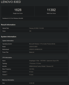 Puntuaciones de la CPU del Snapdragon X Elite en Geekbench 6.2 (imagen vía Geekbench)