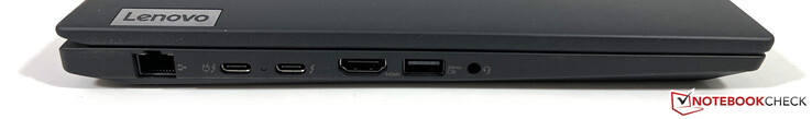 Izquierda: Gigabit Ethernet, 2x USB-C 4.0 con Thunderbolt 4 (40 Gbit/s, DisplayPort ALT modo 1.4, Power Delivery 3.0), HDMI 2.1, USB-A 3.2 Gen.1 (5 Gbit/s, Powered), puerto estéreo de 3,5 mm