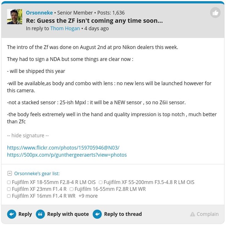 Una captura de pantalla de la supuesta confirmación de la Nikon Zf en el foro DPReview. (Fuente de la imagen: DPReview)