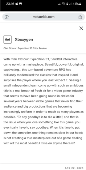 Clair Obscur: Expedition 33 review leaked on Metacritic (Fuente de la imagen: Clair Obscur: Expedition 33 subreddit)