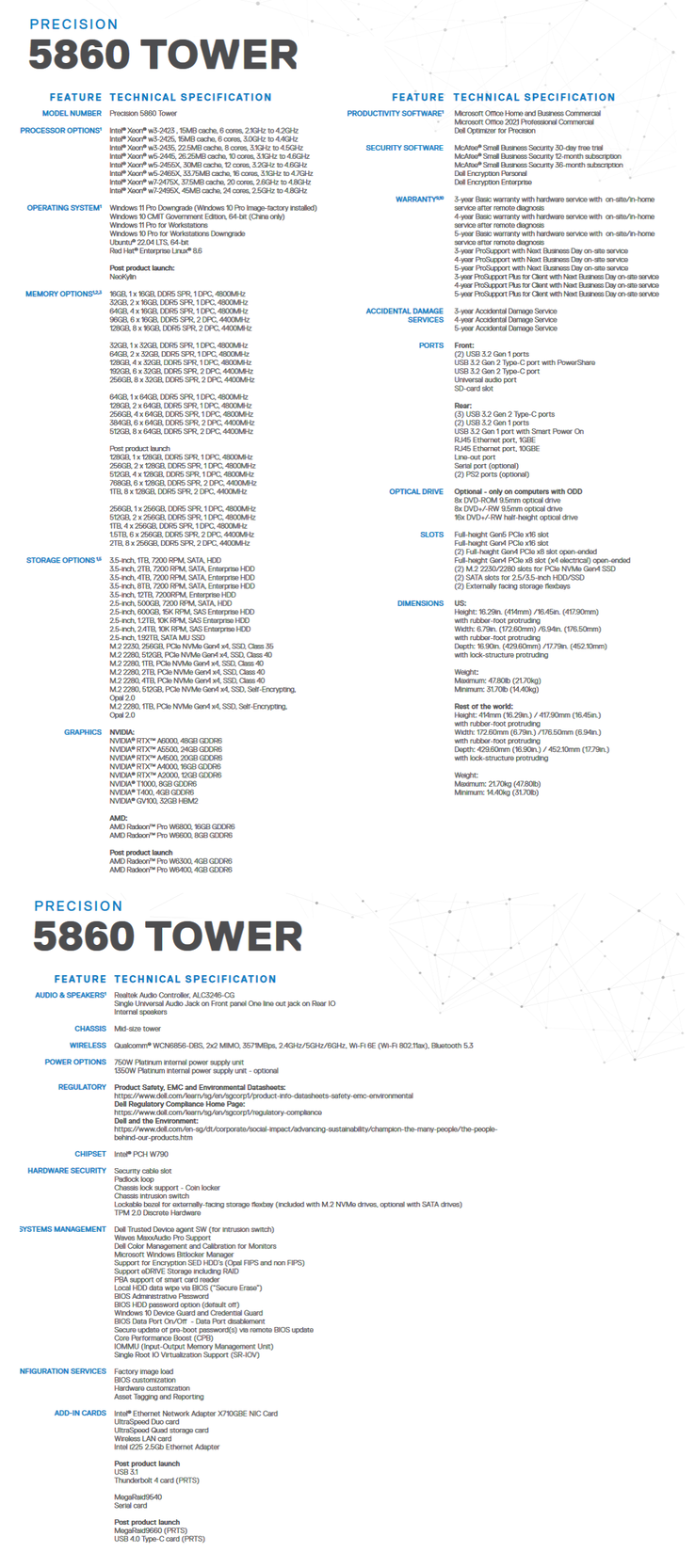 Especificaciones de la torre Dell Precision 5860
