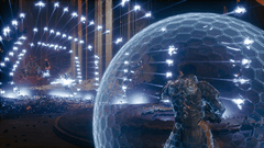 Arjun Devraj despliega el Escudo Soltari contra una oleada de proyectiles entrantes en Carcosa.