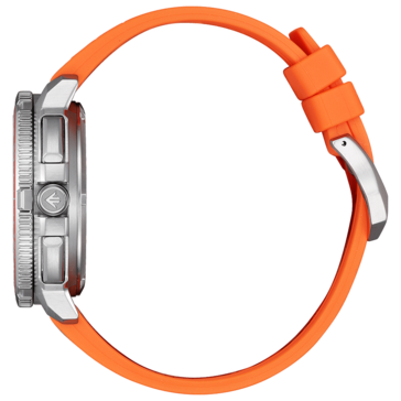 Imagen de producto de perfil lateral del Citizen Promaster Wave Tracker JV3000-13E que muestra su caja de acero inoxidable, bisel giratorio texturizado, pulsadores y correa de caucho naranja.