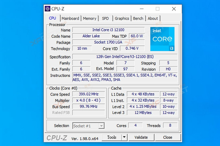 Información sobre el Intel Alder Lake-S Core i3-12100 CPU-Z. (Fuente de la imagen: XFastest)