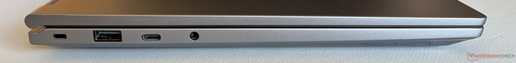 Lado izquierdo: Kensington NanoSaver, USB-A 2.0, USB-C 3.2 Gen.2 (10 Gbps, DisplayPort modo ALT 1.4a, suministro de energía), 3,5 mm estéreo