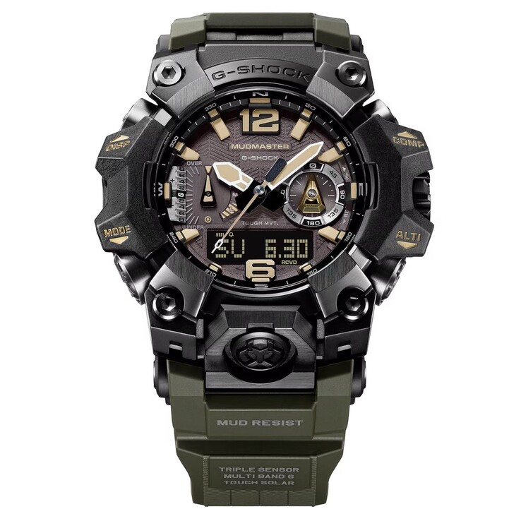 Primer plano de la esfera del G-Shock Mudmaster GWG-B1000-1A3, en el que se aprecian los índices horarios de color beige, las agujas luminosas, la pantalla digital y las marcas de la brújula.