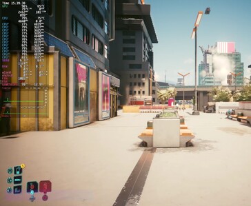 «Cyberpunk 2077» ejecutándose a 1080p en modo «Ultra» con FSR Auto activado en la Steam Machine, con una superposición de rendimiento en pantalla