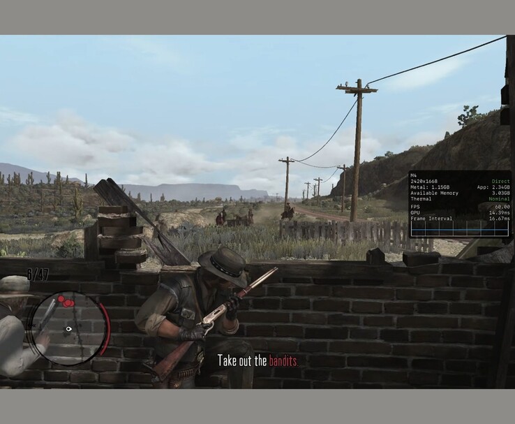 Red Dead Redemption ejecutándose en un iPad Pro con el HUD de rendimiento metálico mostrando un rendimiento de 60 fps (Fuente de la imagen: MrMacRight vía YouTube)