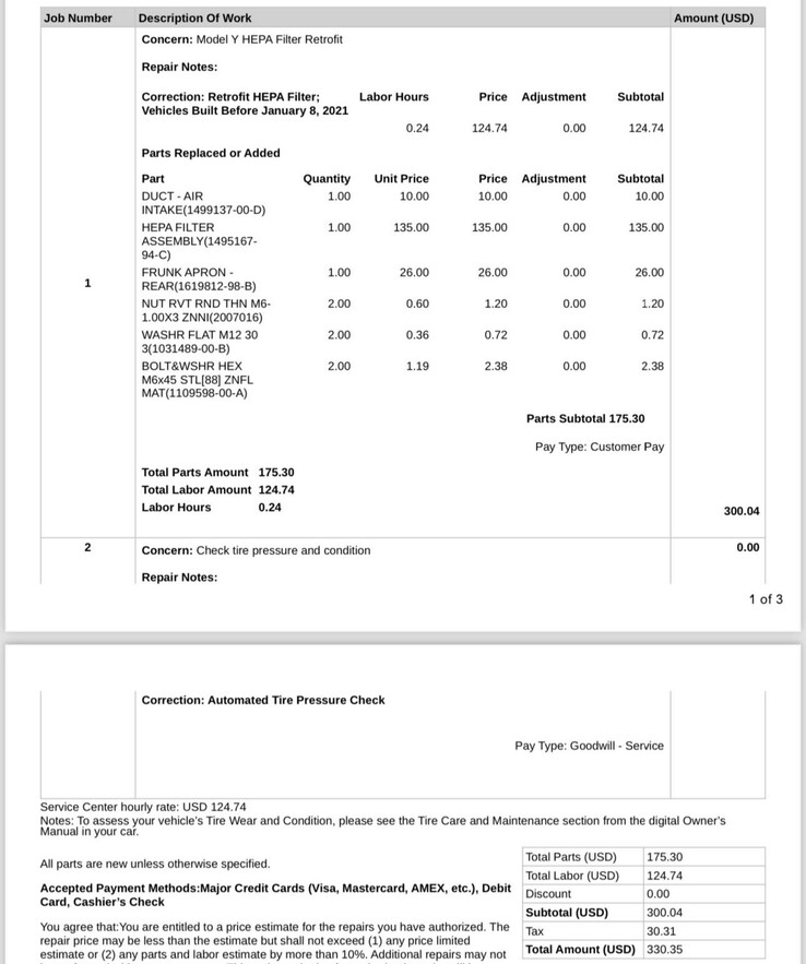 precio del reequipamiento del filtro HEPA del Tesla Model Y 2020-2021 en piezas y mano de obra