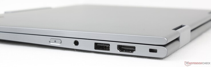 Derecha: Botón de encendido, audio de 3,5 mm, USB 3.2 Gen 1 (5 Gbit/s), HDMI 2.1, ranura de seguridad Kensington Nano