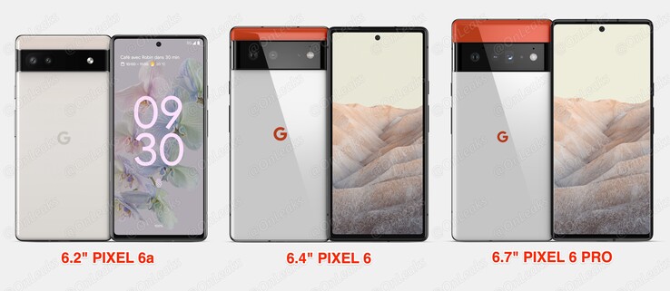 El Pixel 6a junto al Pixel 6 y el Pixel 6 Pro. (Fuente de la imagen: @OnLeaks)