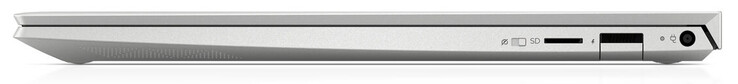 Derecha: Botón para encender y apagar la cámara web, lector de tarjetas SD (microSD), USB 3.2 Gen 1 (Tipo A), puerto de carga