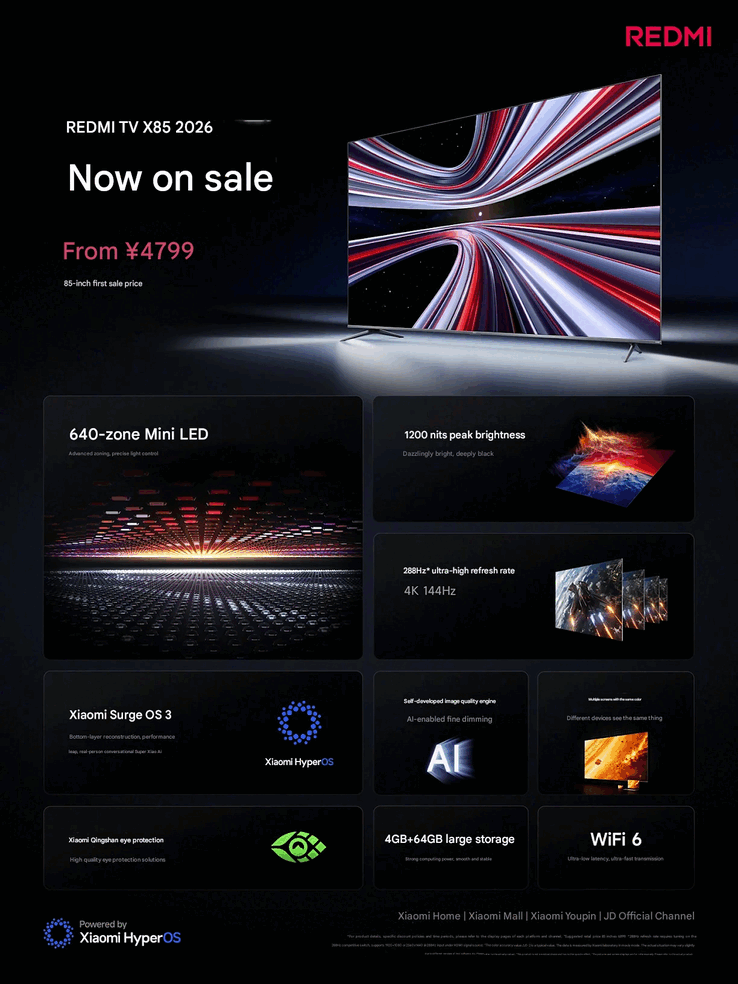 Especificaciones de la Redmi TV X 2026 (Fuente de la imagen: Xiaomi China; traducido por máquina)