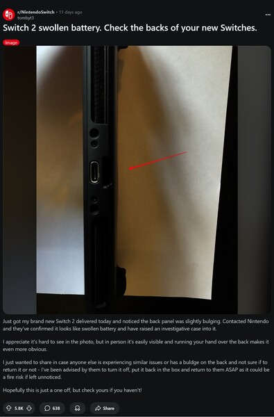 Panel trasero abombado de Switch 2 (Fuente de la imagen: captura de pantalla, reddit de Nintendo Switch)