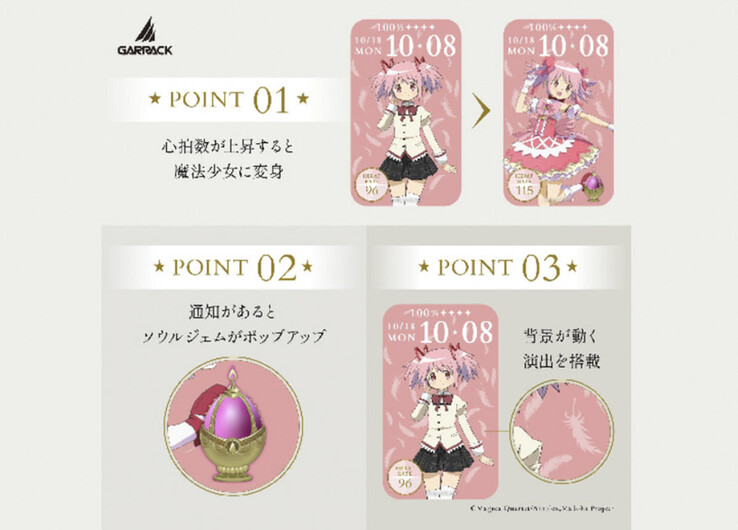 La esfera del reloj inteligente de Madoka Kaname cambia a su forma de chica mágica a medida que aumenta la frecuencia cardíaca, como ilustran las lecturas de 96 y 115 bpm.