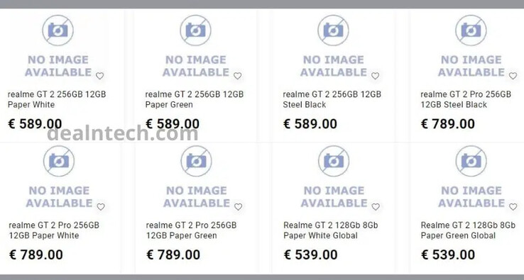 El supuesto esquema de precios internacionales de Realme para la serie GT2. (Fuente: DealnTech)