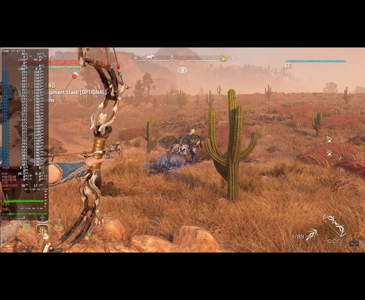 Captura de pantalla de juego de Horizon Zero Dawn Remastered ejecutándose en Bazzite OS con Framework Desktop PC, mostrando la superposición de rendimiento en el juego (Fuente de la imagen: ETA PRIME a través de YouTube)