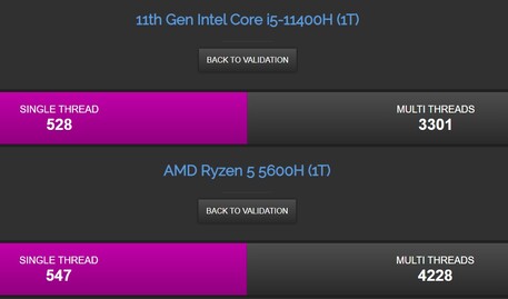 Intel Core i5-11400H frente a Ryzen 5 5600H. (Fuente de la imagen: CPU-Z Validator)