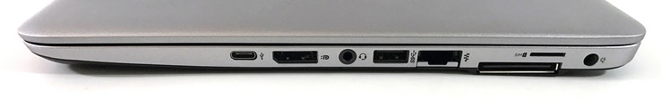 derecha: USB-C Gen.1, DisplayPort 1.2, lector SD (no visible), audio 3.5 mm, USB 3.0, RJ45, pueto anclaje, Micro-SIM, corriente